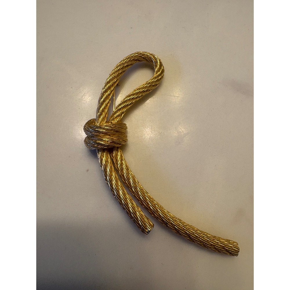 Christian Dior Vintage Brooch Gold Tone Braided Rope Knot Statement Pin 4 Inch